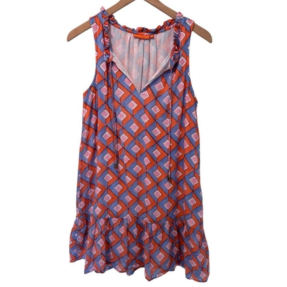 Oliphant Orange Pink Blue Diamond Sleeveless Ruffle Hem
Dress Size M